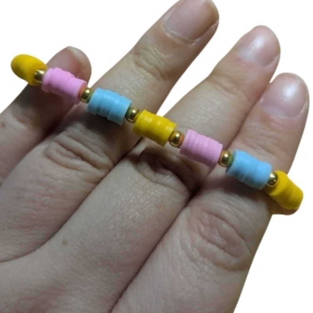 Handmade Beaded Bracelet O/S Stretchy Pink Clay Beads Hand Crafted NEW